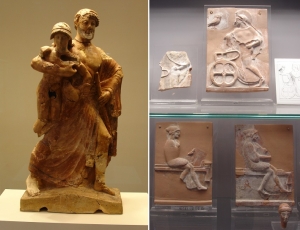 Large figure group of Zeus and Ganymede, Corinthian, 500 BC source Olympia Museum, and mould made plaques, 500-480 BC, source Archaeological Museum, Athens